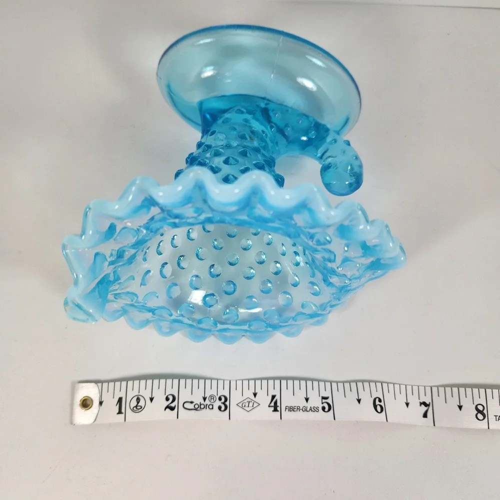 Fenton Blue Opalescent Hobnail Cornucopia Candle Holder Ruffled Rim Vase